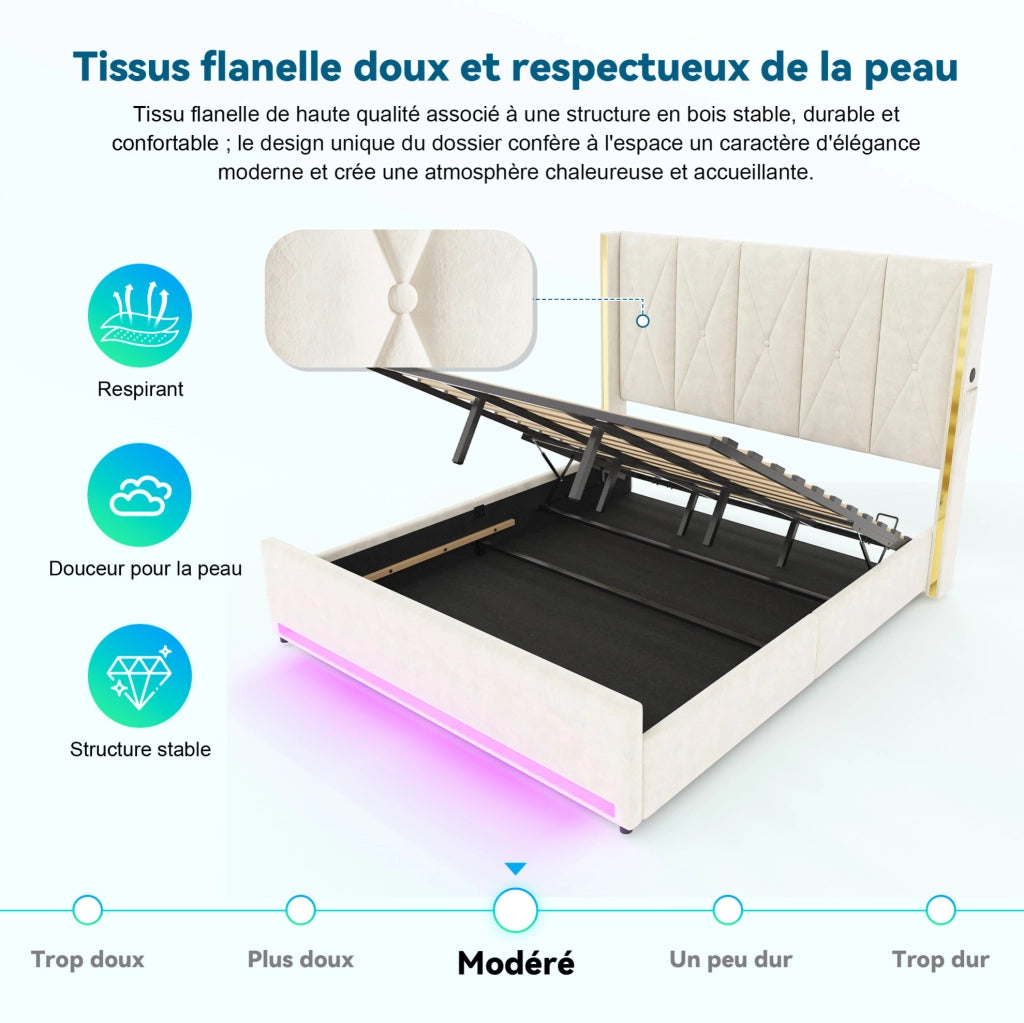 Letto contenitore ULEVR 180x200 cm in velluto beige con LED, USB e Type-C, testiera alta e tasche laterali