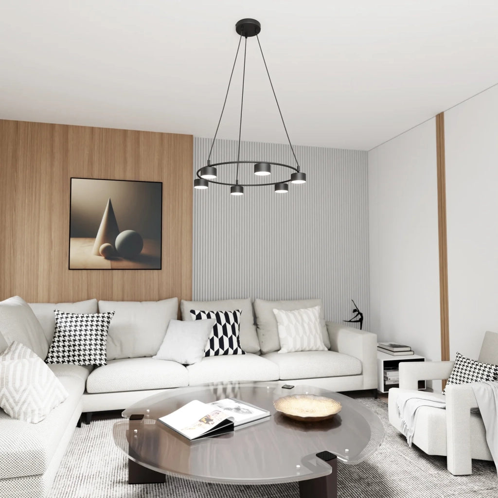 Lampadario Moderno 6 Luci Odin In Acciaio Nero Ad Anello E Cilindri