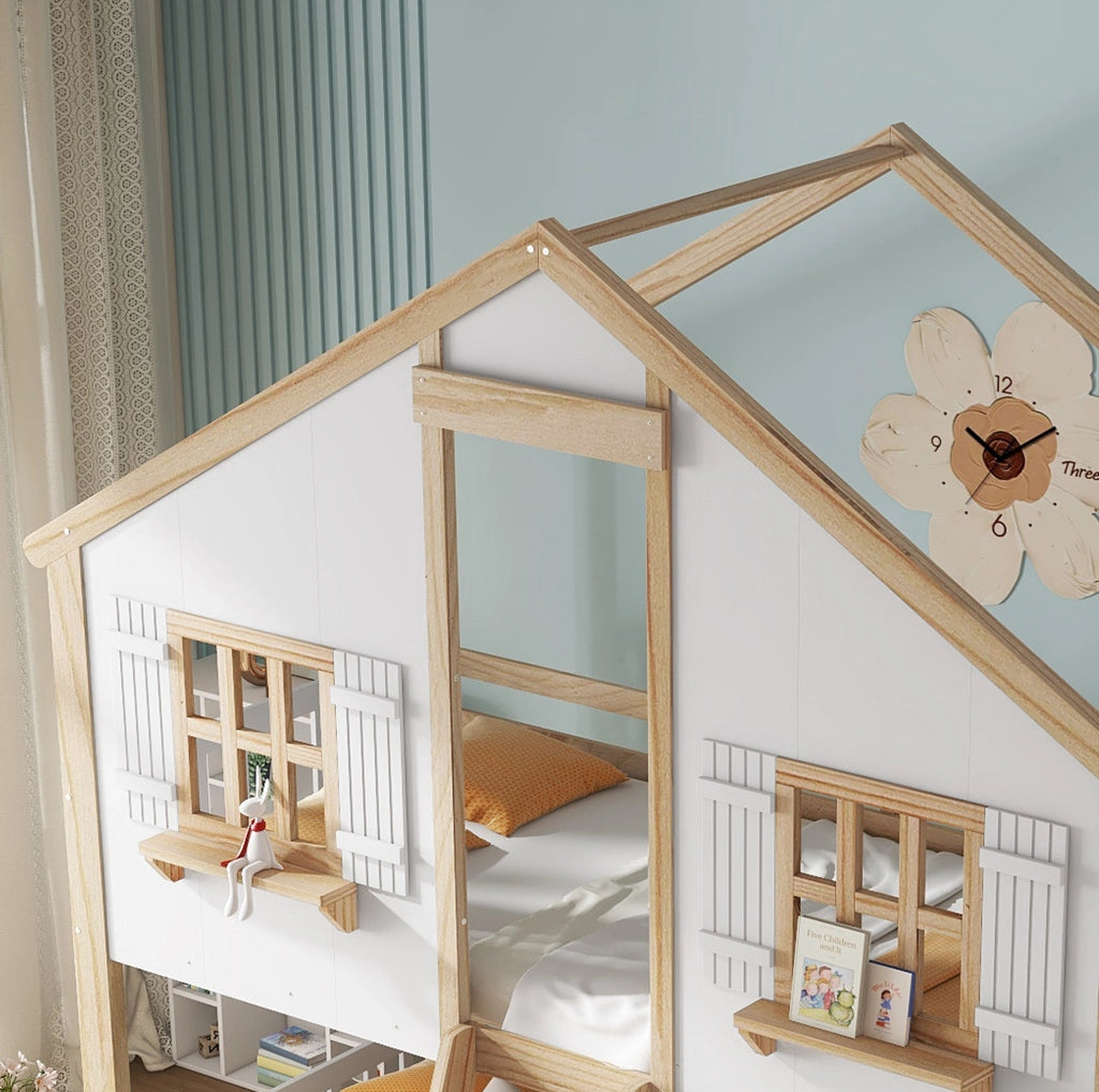 Letto a castello per bambini 90x200 cm con tetto e finestre