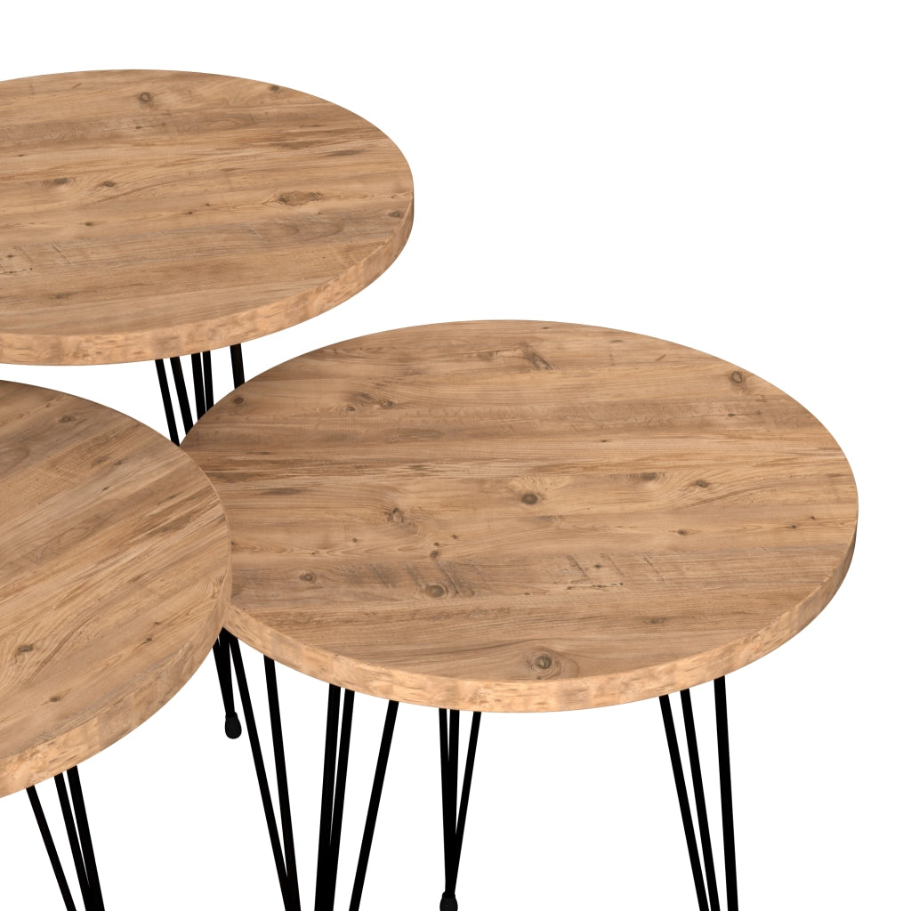 Set 'Ry' di 3 Tavolini Bassi da Salotto Tavolini in Altezze Diverse Gambe a Forcina e Piano Rotondo - Effetto Legno / Nero [en.casa]