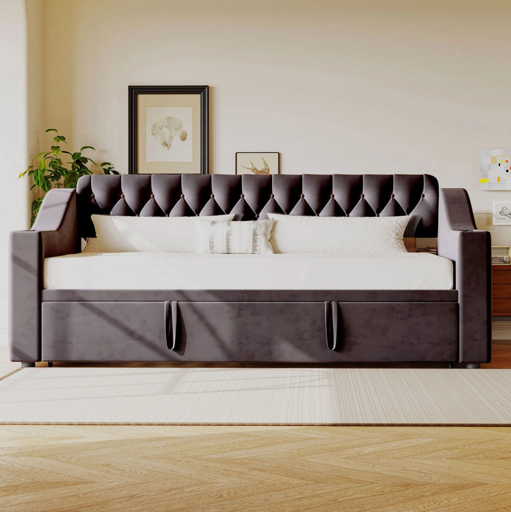 Letto imbottito 90x190 cm grigio in velluto con rete a doghe e USB