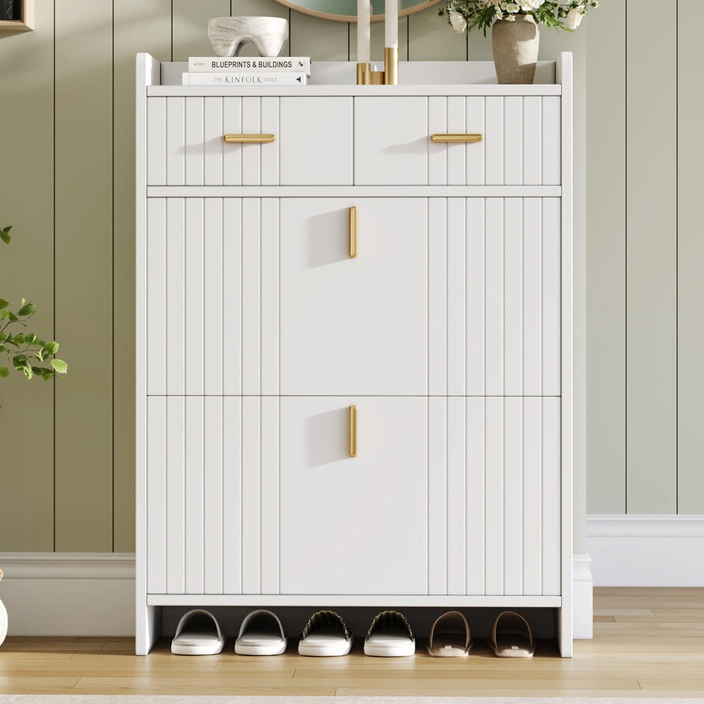Scarpiera con 2 ante a ribalta, 1 cassetto e vano aperto, per ingresso, in truciolare, bianco, 75 × 24 × 108,5 cm