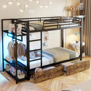 OKWISH Letto a Castello 90×200 cm, Letto Singolo con 2 Cassetti, Mensole e LED Regolabile, senza Materasso, in Metallo, Nero