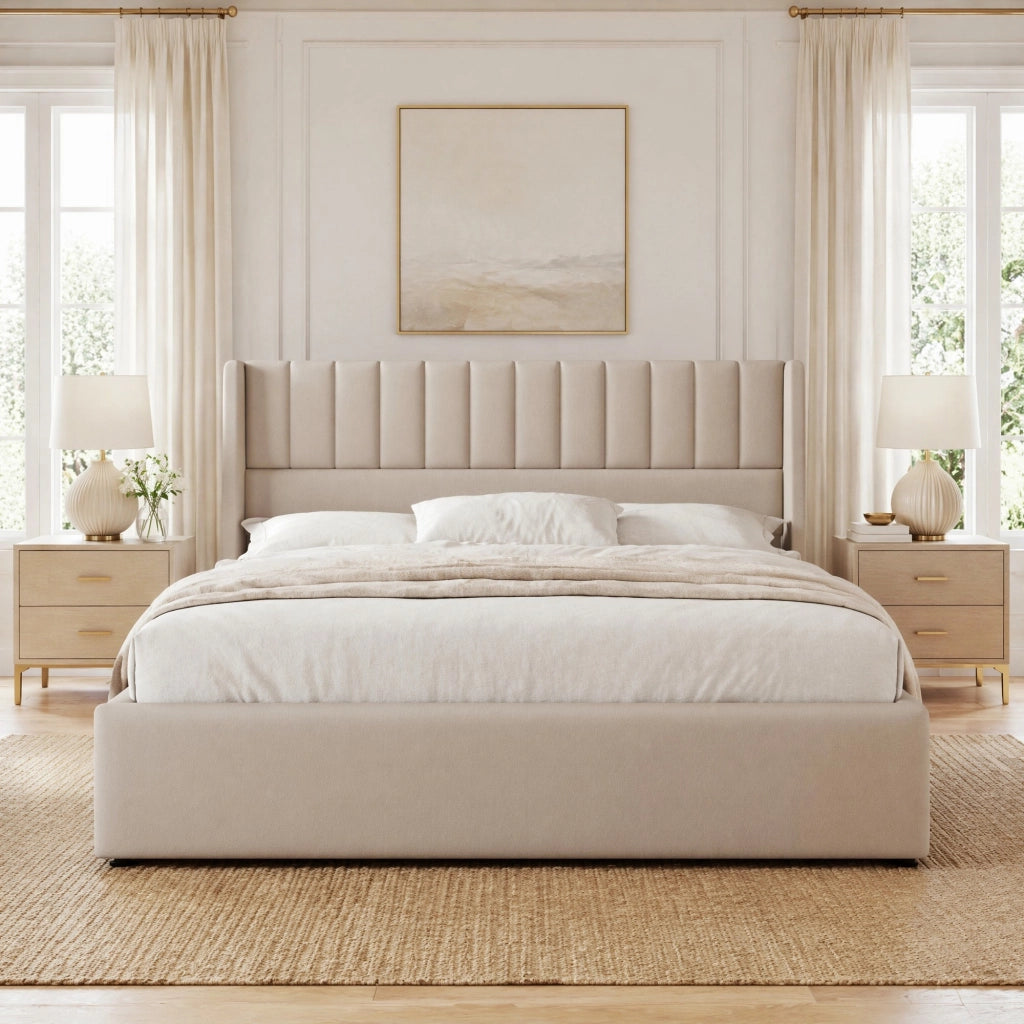 Letto matrimoniale con contenitore 140x200 cm in lino beige; testiera imbottita e rete sollevabile