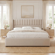 Letto matrimoniale con contenitore 140x200 cm in lino beige; testiera imbottita e rete sollevabile