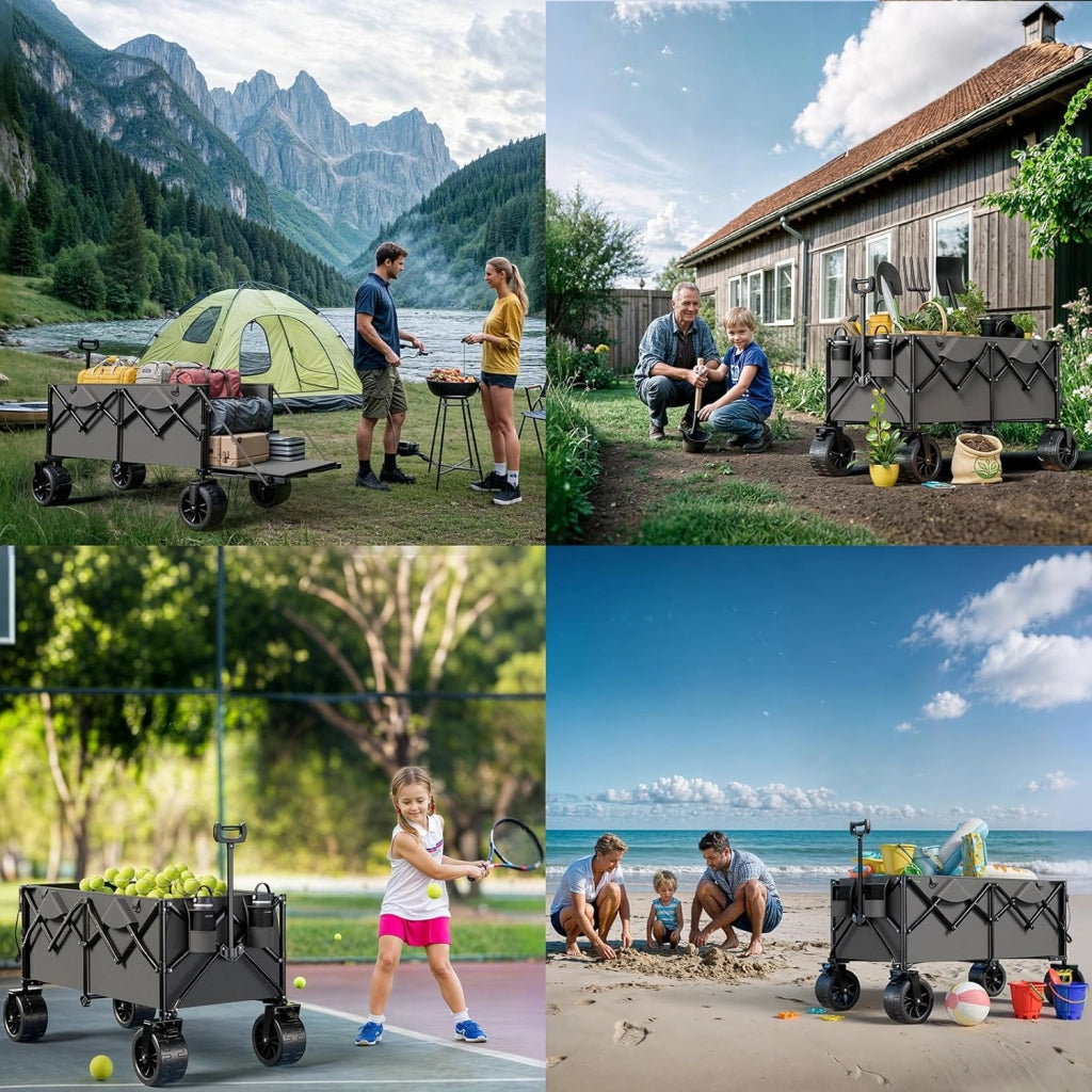 260L carrello spiaggia Massimo 200kg carrello con ruote portatutto grandi,carrellos pieghevole Con Braccioli Regolabili e Tasche Laterali per Giardino Campeggio Ogni Tipo di Terreno, Grigio