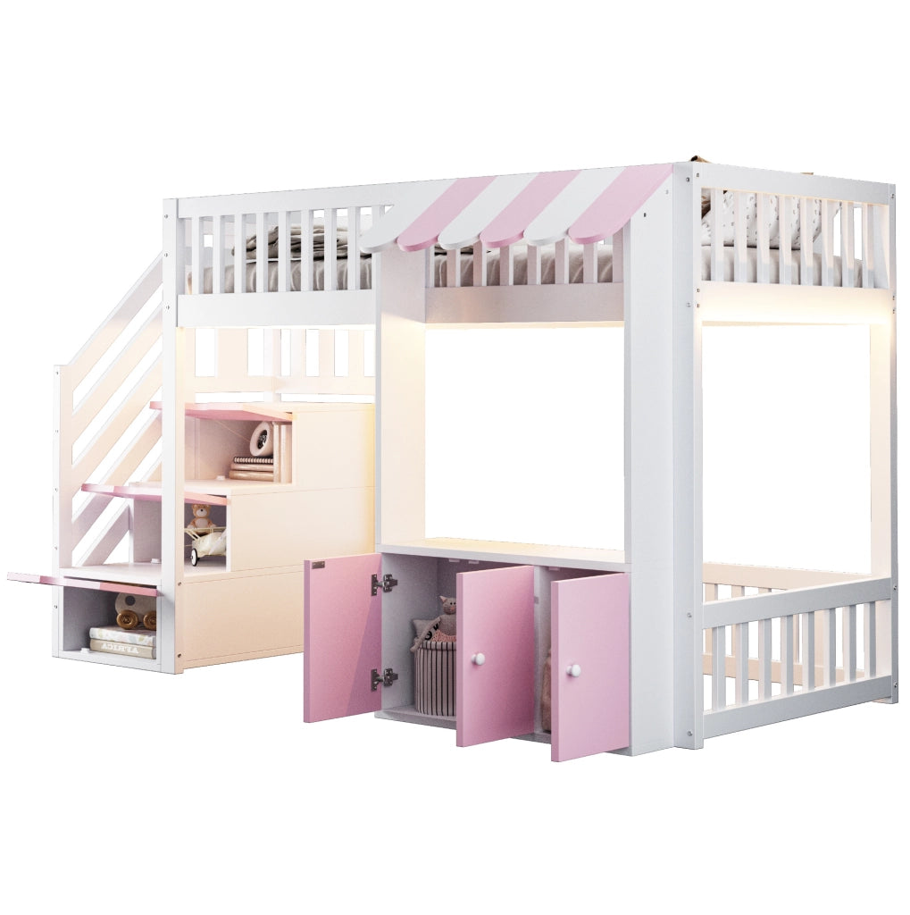 Letto a soppalco 90x200 cm rosa e bianco con scala contenitore e luci LED