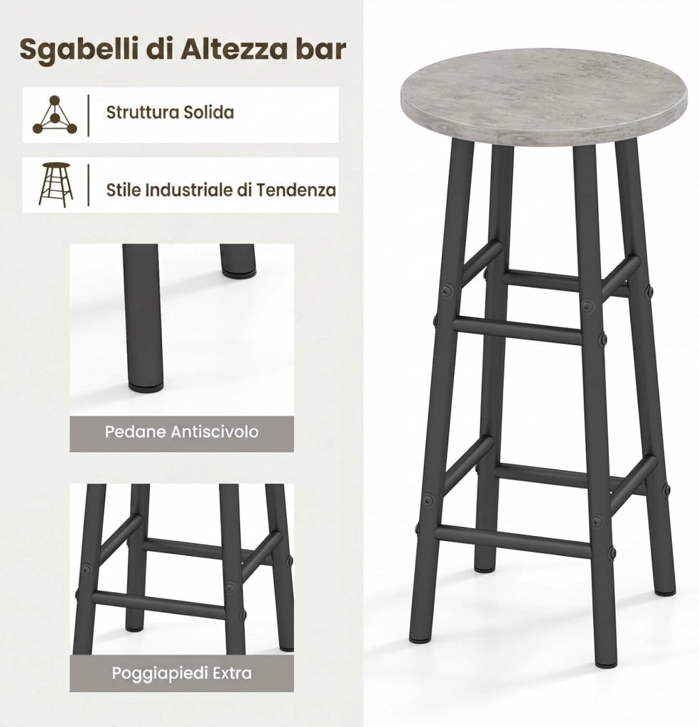 Set 3 Pezzi Tavolo e Sedie da Bar, Tavolo e Sgabelli da Pub Industriale con Porta Calici e 6 Portabottiglie da Vino, Set di Tavolo per Sala da Pranzo, Ristorante e Bar (Grigio)