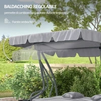 Dondolo Letto da Giardino con Tettuccio Regolabile e Vassoi, in Acciaio e Poliestere, 200x120x164 cm, Grigio