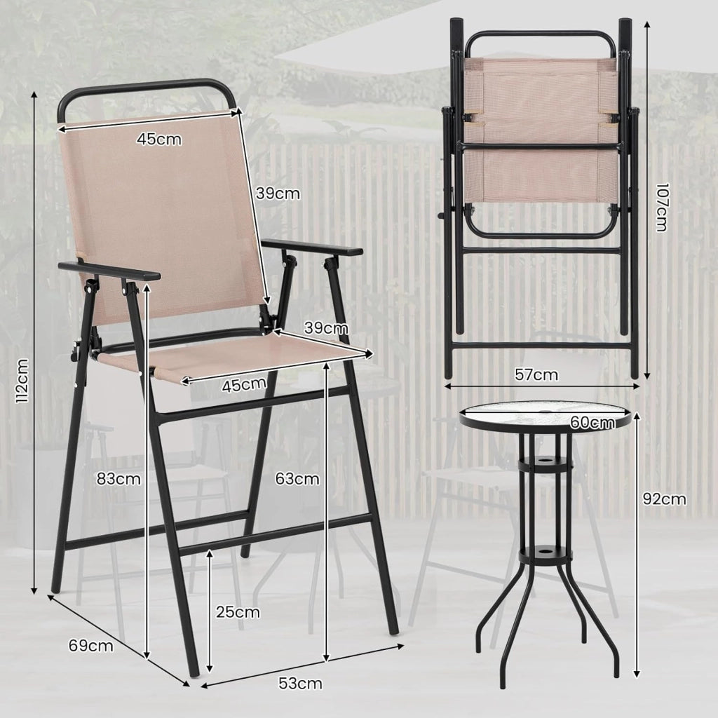 Set Mobili da Giardino 3 Pezzi in Metallo, Tavolo in Vetro e 2 Sedie Pieghevoli, Tavolo da Giardino con Sedie, per Giardino, Portico, Balcone (Senza Ombrello)