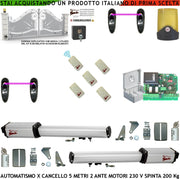 Automazione Cancello 5 Metri 2 Ante da 2,5 MT Kit 2 Motori Elettromeccanici 230 V Corsa 400 mm Spinta 2 Q.tali Kit Staffe 5 Radiocomandi 2 Coppie Fotocellule Faro Selettore 2 Chiavi Cartello Monitore