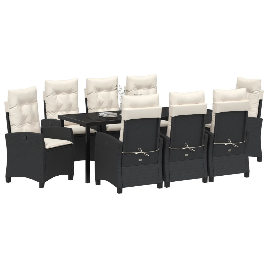 Set da Pranzo da Giardino 9 Pezzi con Cuscini Nero Polyrattan