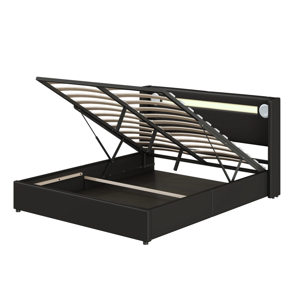 Letto imbottito nero con funzione LED bluetooth e ricarica USB in pelle sintetica 160x200 cm