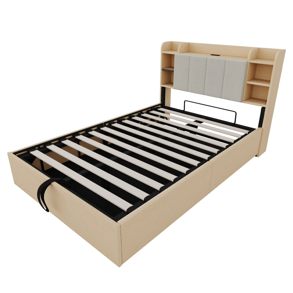 OKWISH Letto Contenitore 140×200 cm, Letto Matrimoniale con Contenitore Idraulico, USB, Tipo C e Vani, senza Materasso, MDF, Legno Naturale