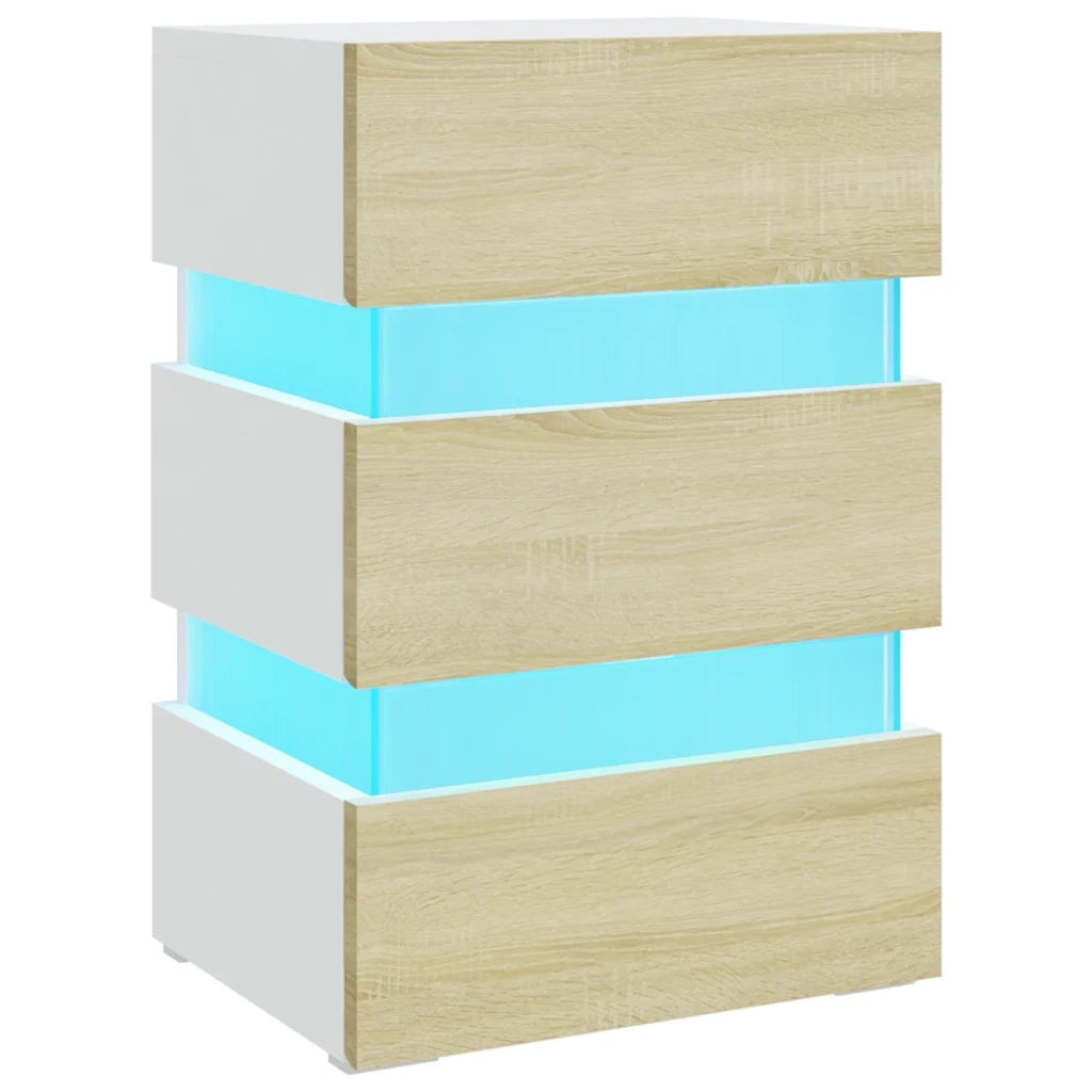 Comodino | Armadio da Notte | Mobiletto da notte con Luci LED Bianco e Sonoma 45x35x67cm in Multistrato