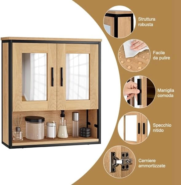 Mobiletto per Bagno Salvaspazio, Pensile da Bagno Sospeso con Mensola e Specchio, Ripiano Regolabile, 2 Ante con Maniglia, Rovere Chiaro+Nero