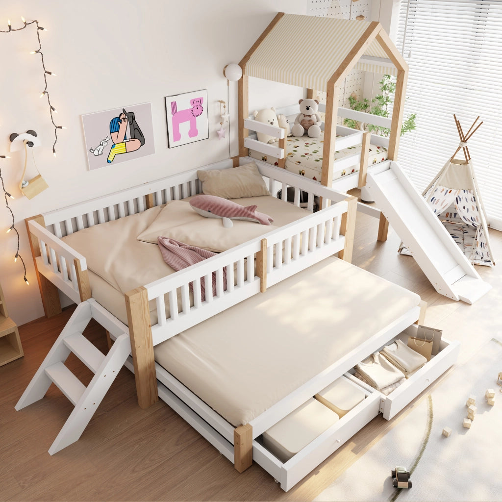 Letto bambino 90×200 cm e 90×190 cm con letto estraibile; scivolo; scala e cassetti; senza materasso; legno; bianco