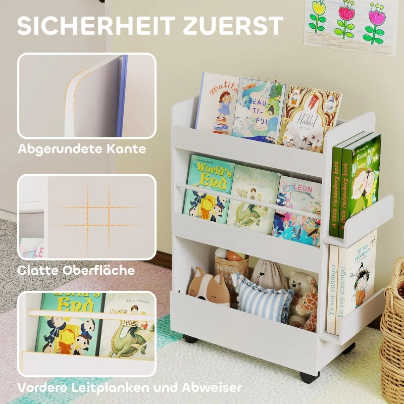 Libreria per bambini con 4 ripiani, scomparto inferiore, 2 pannelli laterali, lavagna, ruote, per bambini dai 3 agli 8 anni, 66,5x32,5x86,5 cm, bianca