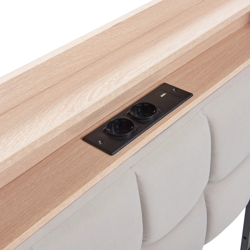 Divano letto 90x200 cm con 2 cassetti; LED e porte USB/Tipo-C in tessuto beige