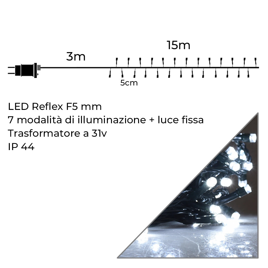 CATENA LUMINOSA LED 300 LUCI BIANCHE DA 15M PER INTERNI ED ESTERNI - CAVO VERDE CON CONTROLLER 8 FUNZIONI E TRASFORMATORE 31V
