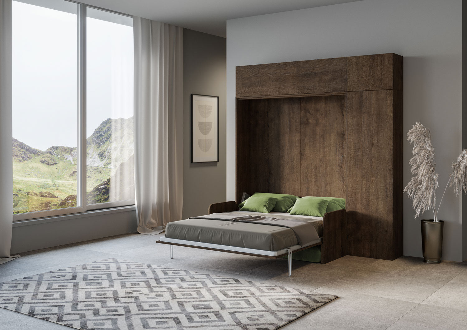 Letto Matrimoniale A Scomparsa 160 Kentaro Con Divano E Mobili Noce e Verde