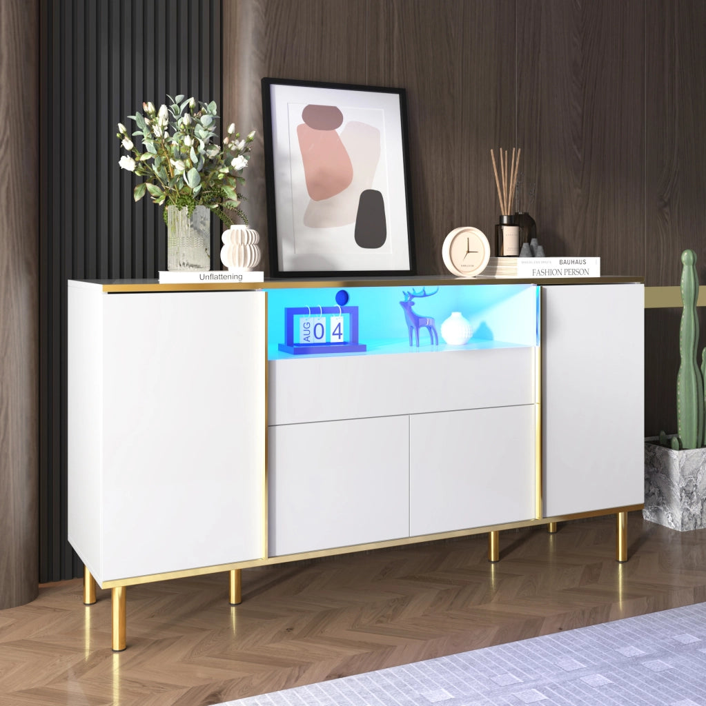 Credenza 150x40x80 cm con LED; 4 ante e 1 cassetto; MDF e pannello truciolare bianco lucido