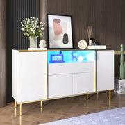 Credenza 150x40x80 cm con LED; 4 ante e 1 cassetto; MDF e pannello truciolare bianco lucido