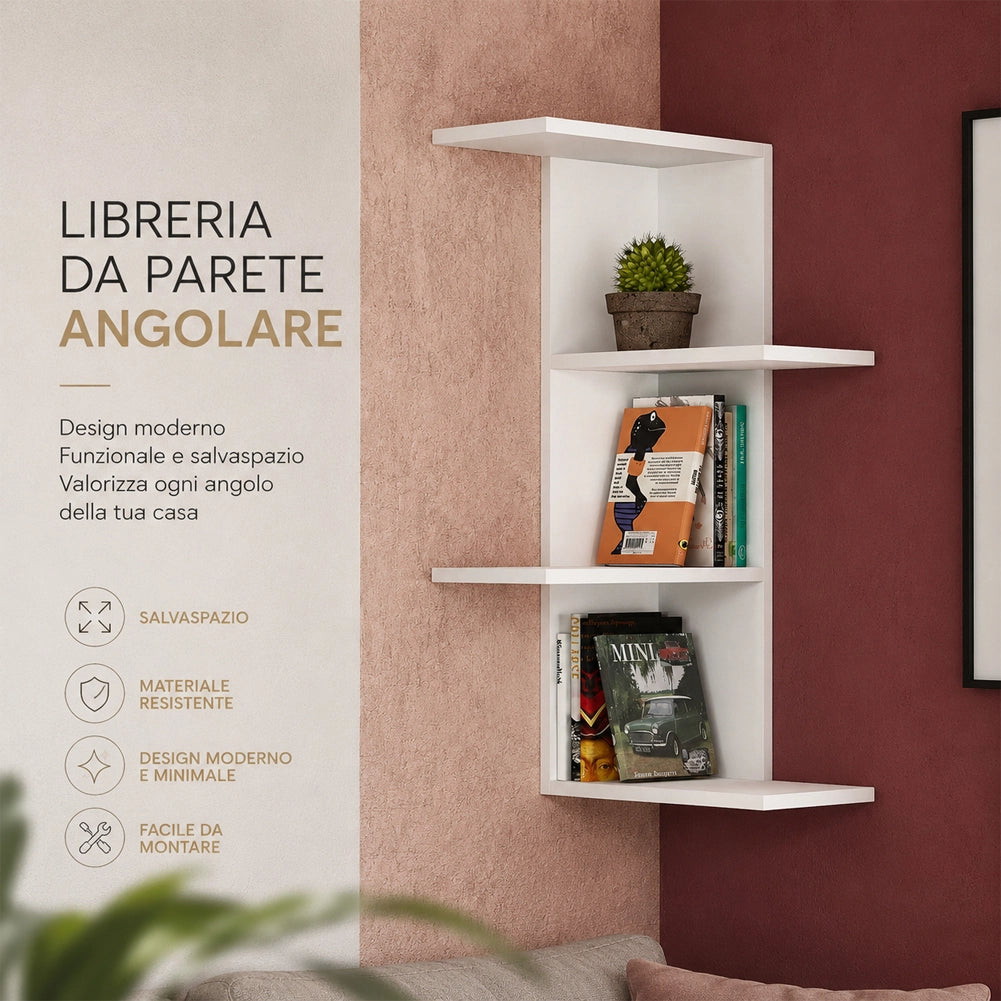 Libreria Scaffale Mensole Parete Angolare Moderna 4 Ripiani Angolo Bianco Legno