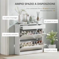 Scarpiera Moderna con 2 Cassetti per 16 Scarpe, Scarpiera a Ribalta con Mensola Regolabile e Ripiano in Vetro, 89x23x96cm, Bianco Lucido