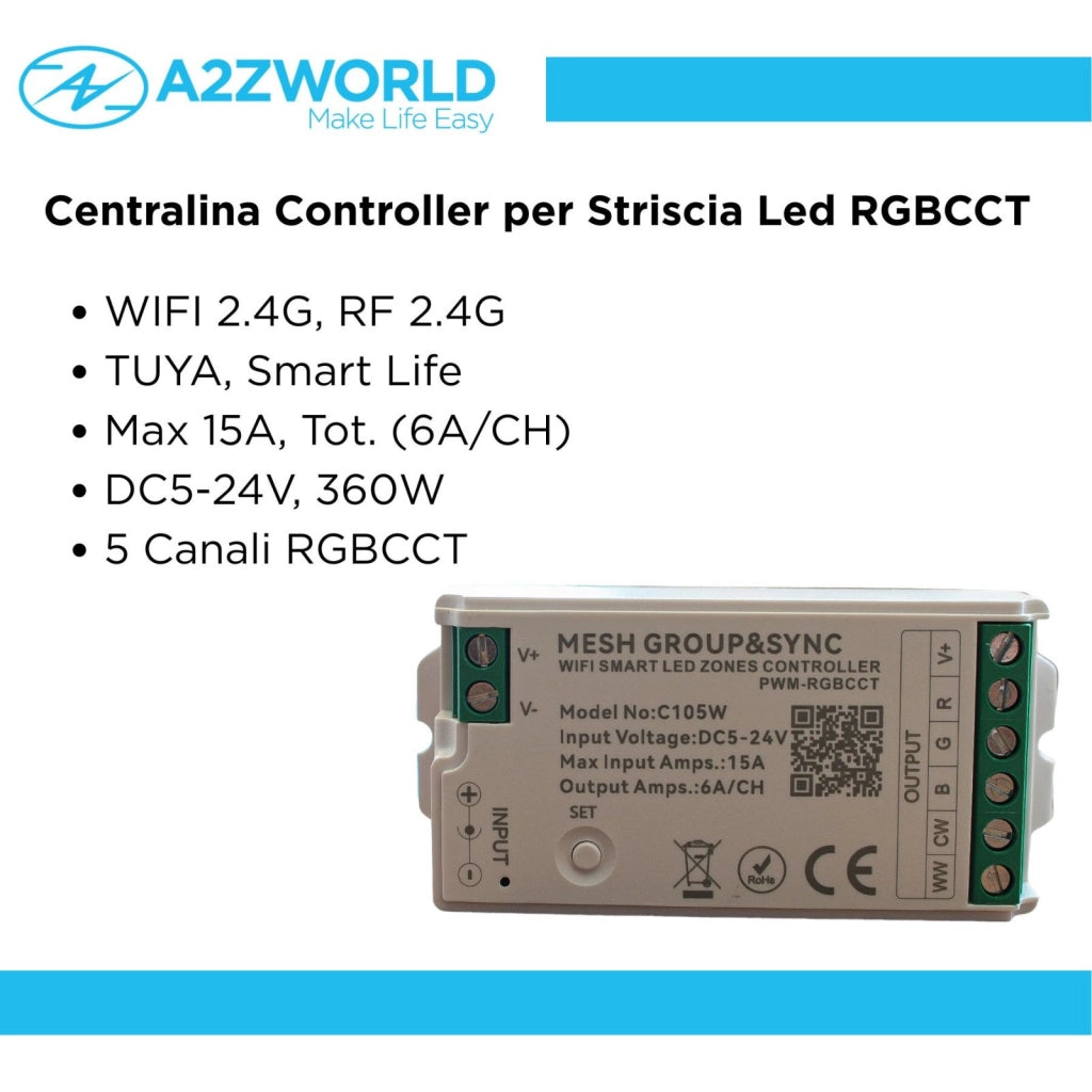 Centralina Controller Per Striscia Led RGBCCT WIFI 2.4G, RF 2.4G TUYA, Smart Life Max 15A Tot. (6A/CH) DC5-24V 360W 5 Canali RGBCCT CLC105R Bianco