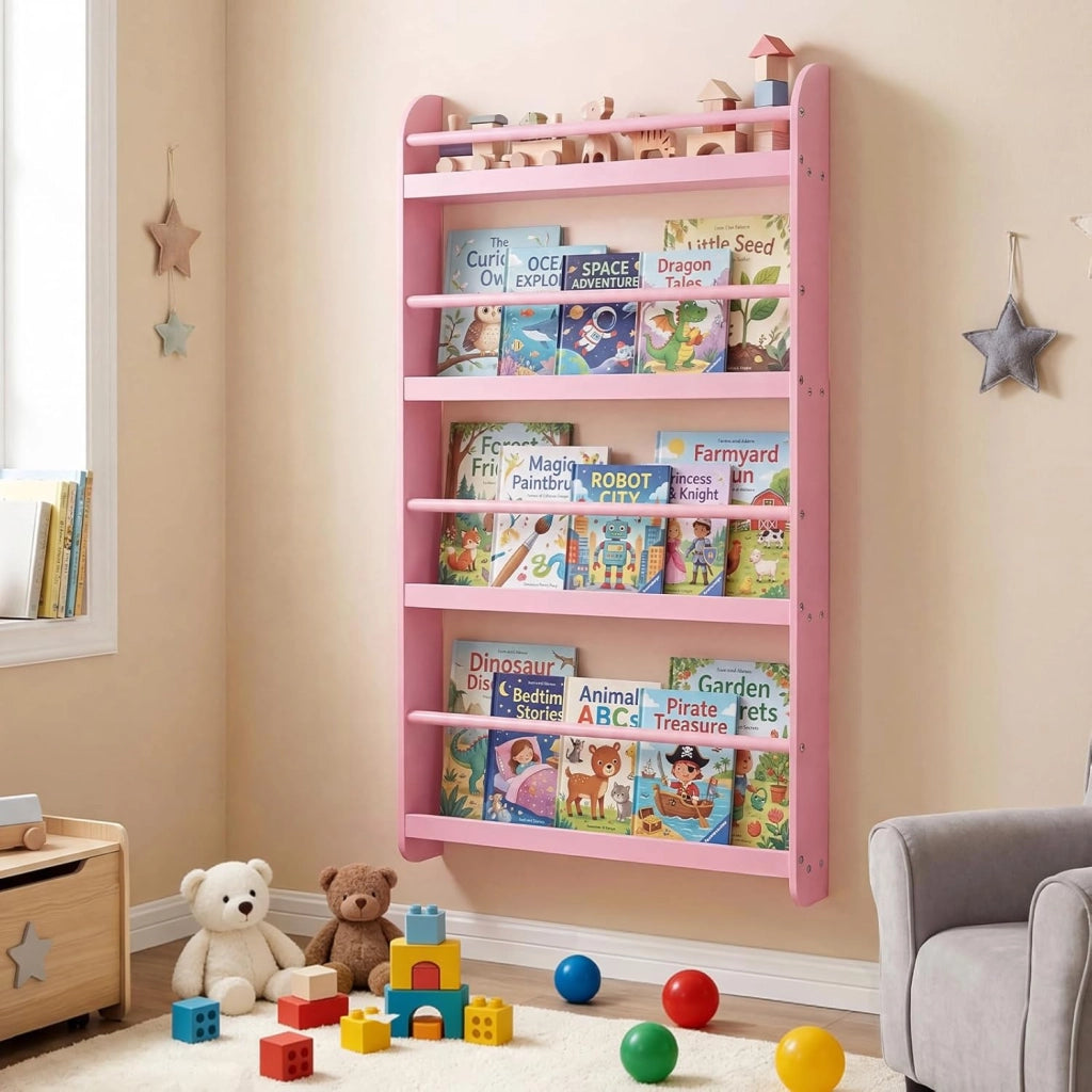 Libreria da Parete per Bambini, Scaffale Portaoggetti a 4 Livelli con Barre di Protezione e Bordi Rialzati, Libreria Salvaspazio per Cameretta per Bambini 3+ Anni, 56 x 12 x 107 cm (Rosa)