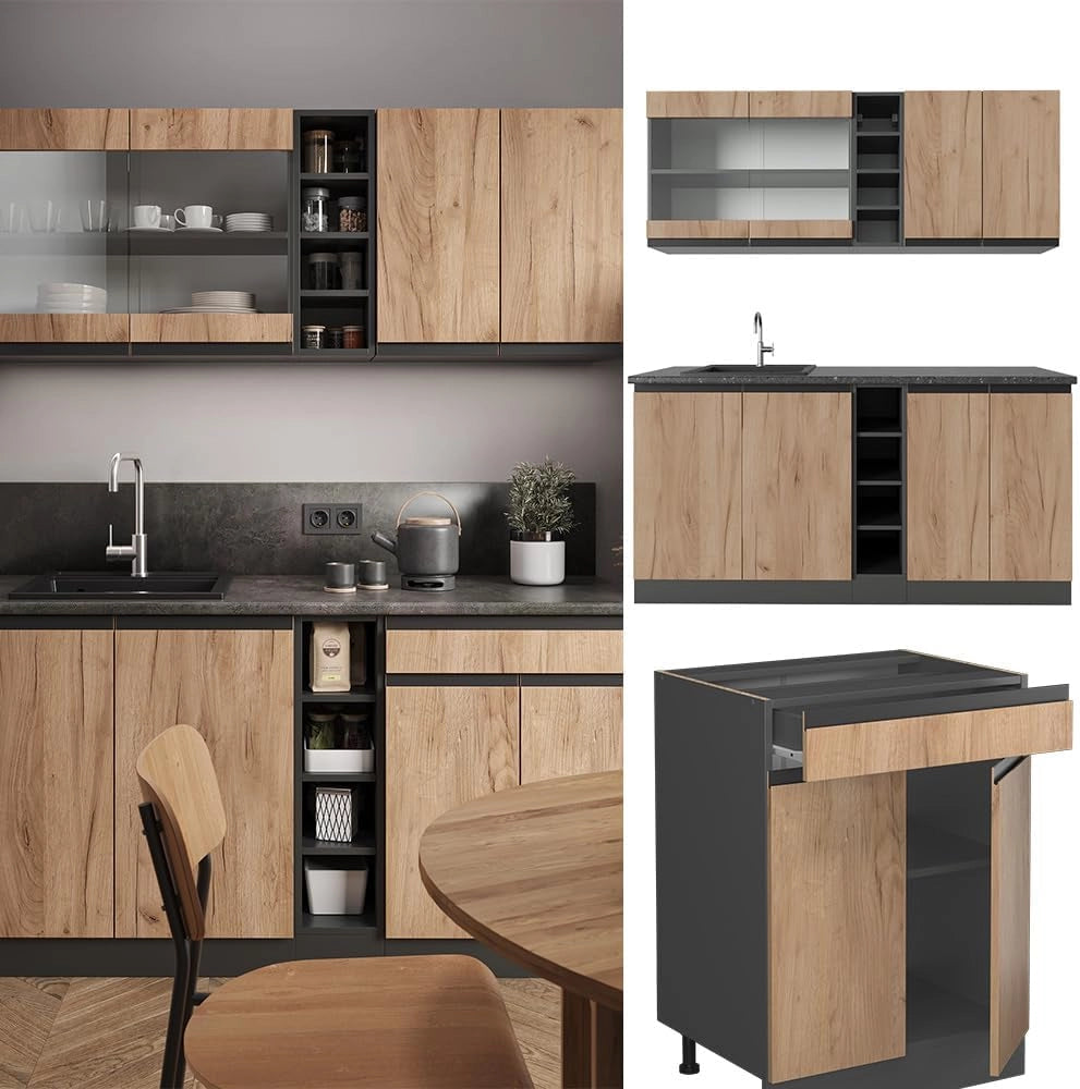 Cucina completa R-Line, Quercia dorata/antracite, 160 cm Forma a J, con piano di lavoro e lavello, premontato pronto per il collegamento
