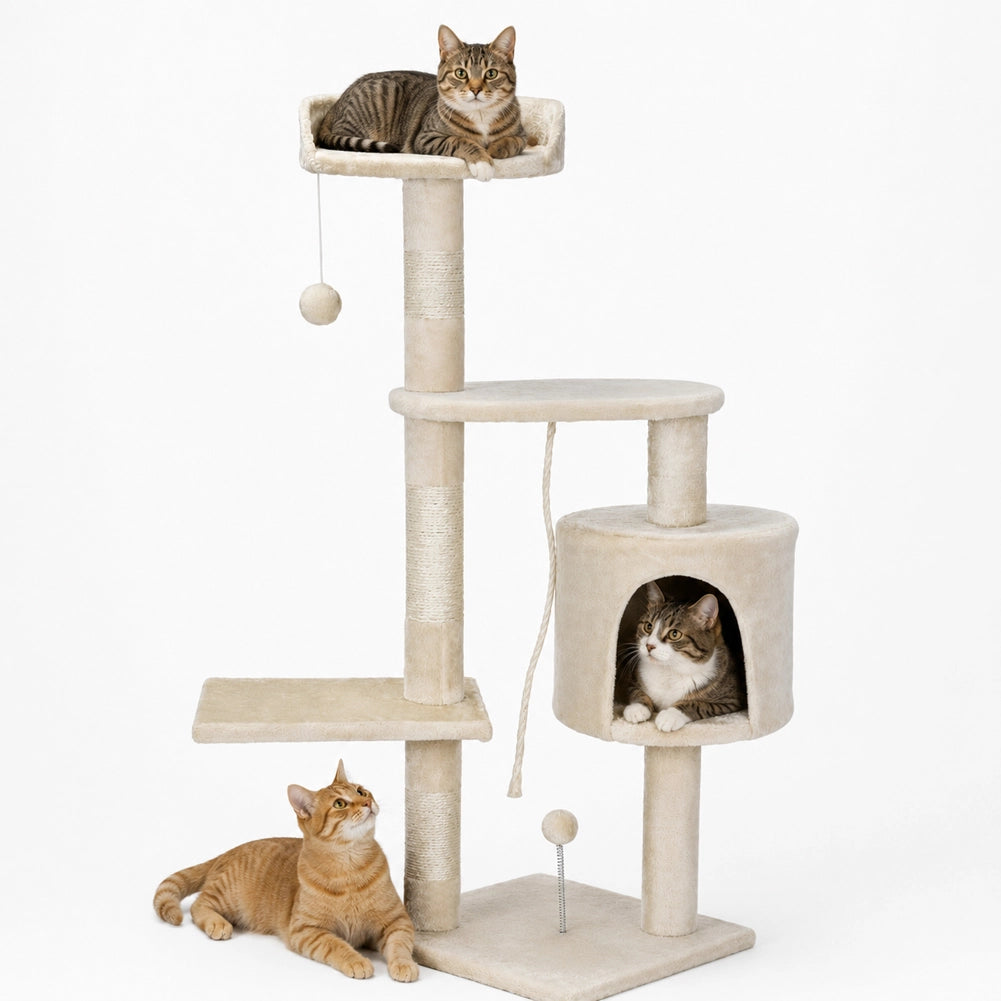 Albero Tiragraffi per Gatti Parco Giochi Cuccia Graffiatoio gatto H112cm Crema