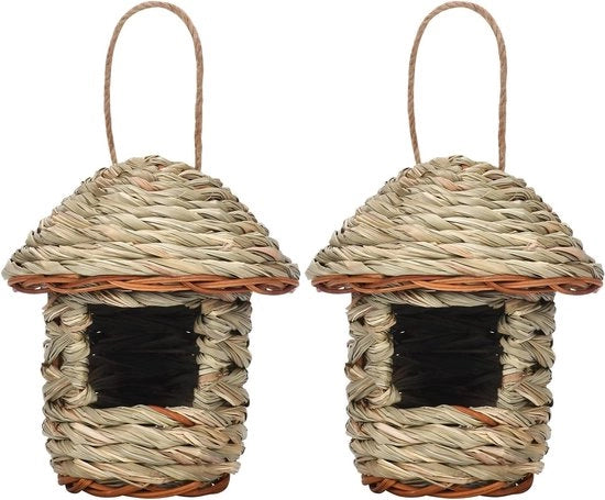 Set di 2 nidi per uccelli appesi in paglia per giardino e esterno - Fatto a mano con erba naturale - Adatto per terrazza, prato e casa - Ideale per uccelli come il colibrì