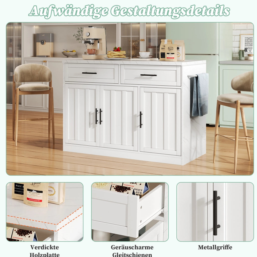 Isola cucina con bar 120x60x91 cm 2 cassetti 3 ante prese AC e USB MDF bianco