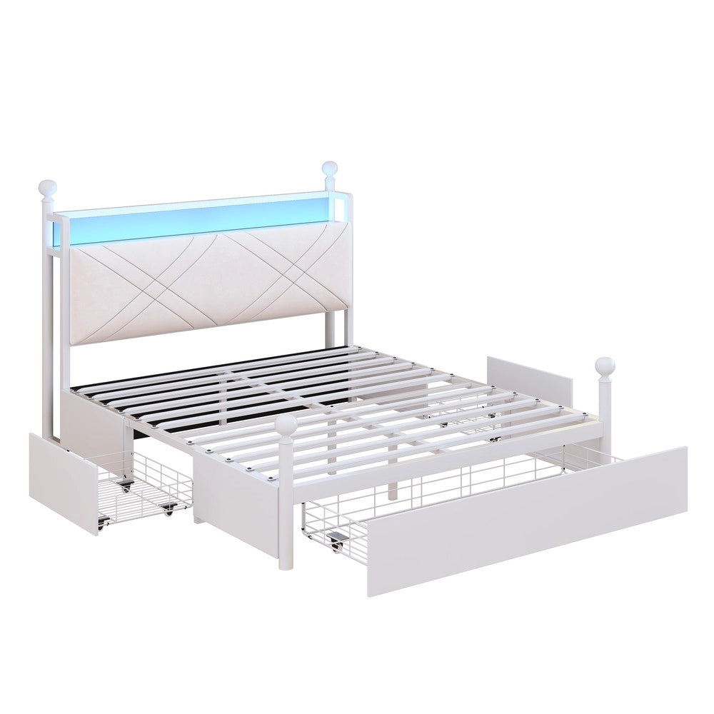 Letto Matrimoniale Contenitore con Baldacchino ¨C Xylo ¨C Bianco, LED, USB, 3 Cassetti, 140x190