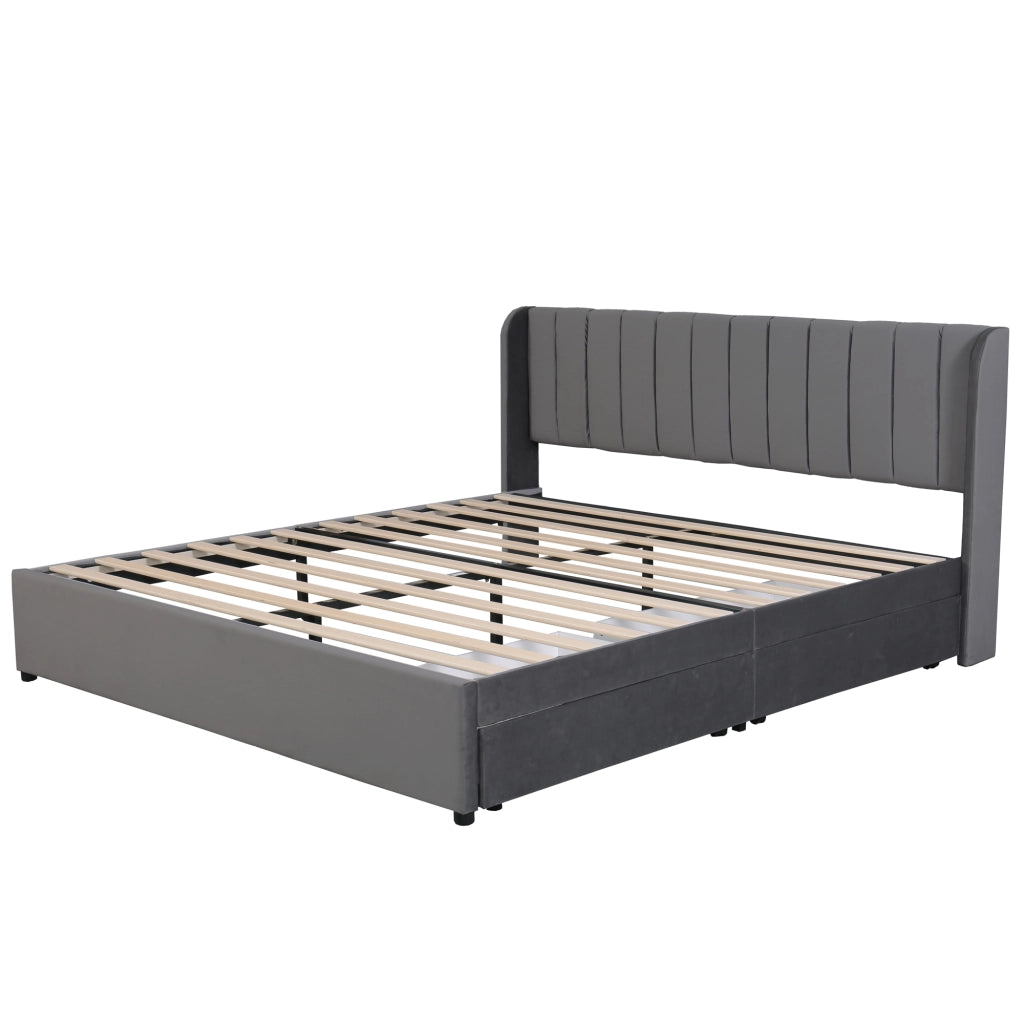Letto imbottito in velluto grigio 180x200 cm con rete a doghe e 2 cassetti