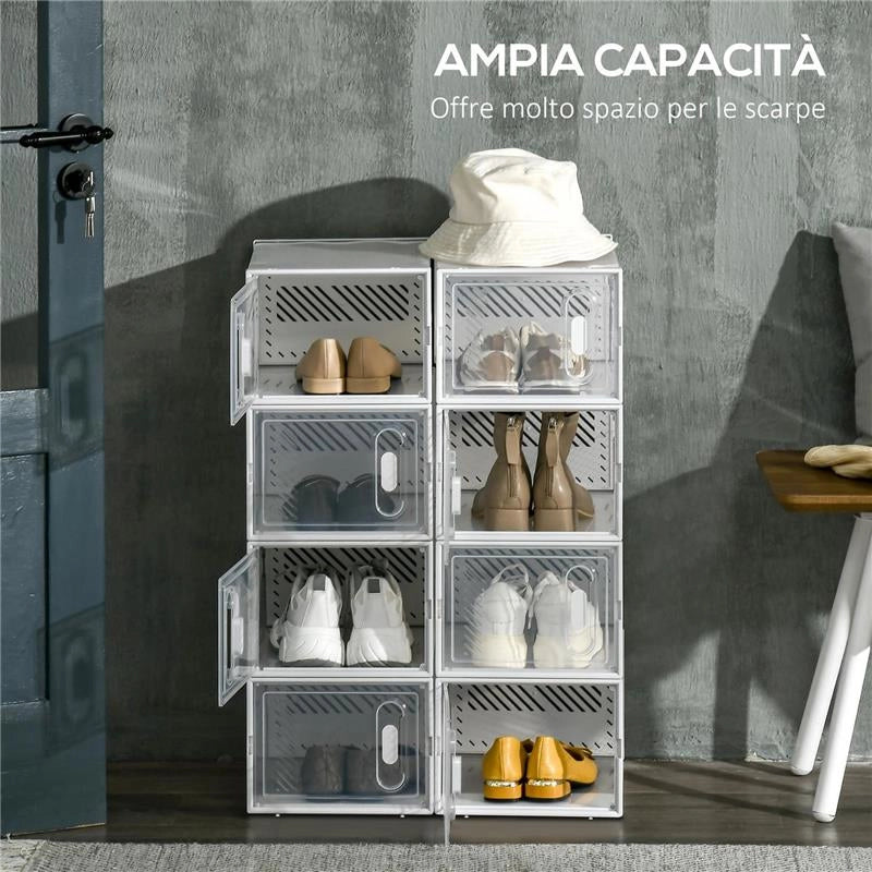 SCARPIERA MODULARE IN PP CON 8 CUBI CONTENITORI E PORTA MAGNETICA, 25X35X19 CM, BIANCO E TRASPARENTE
