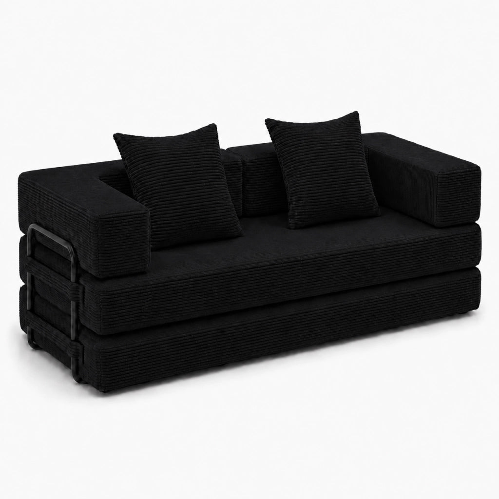 Divano letto pieghevole da pavimento con braccioli e schienale - in corduroy nero