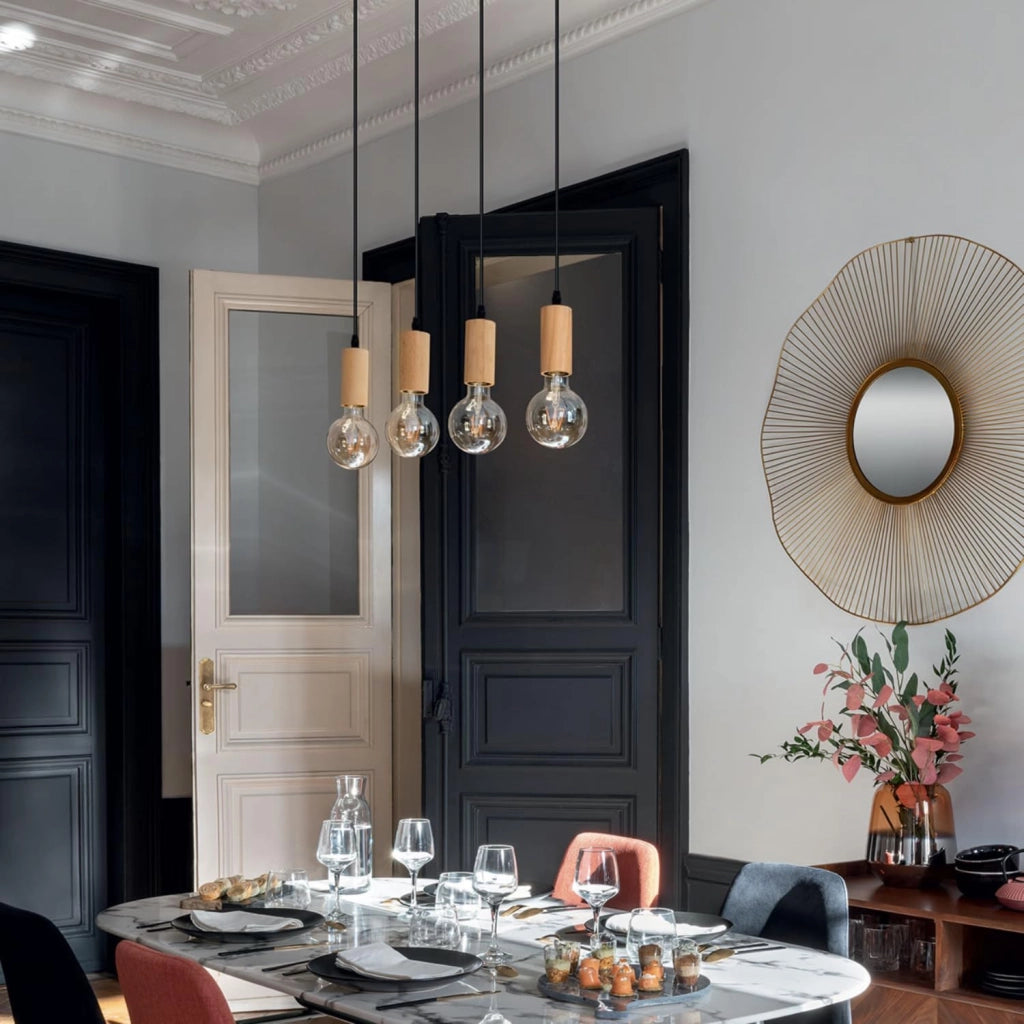 MOHOME Lampada Sospensione 4 Luci E27 Industriale Legno Vintage Plafoniera Lampadario Soffitto Paralume Ferro Illuminazione Sala Pranzo Soggiorno Camera Letto Ufficio