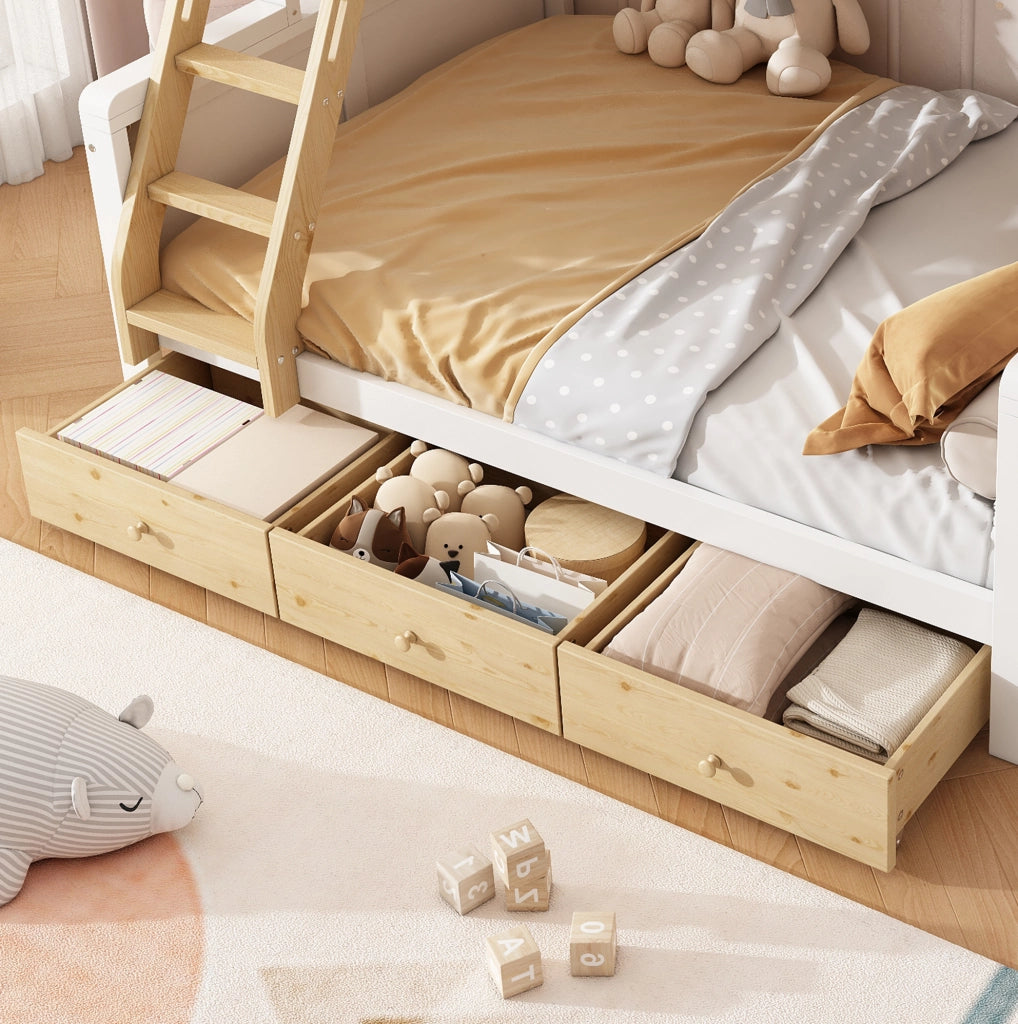 Letto a castello familiare 90x200/140x200 cm in legno bianco e naturale con scala contenitore