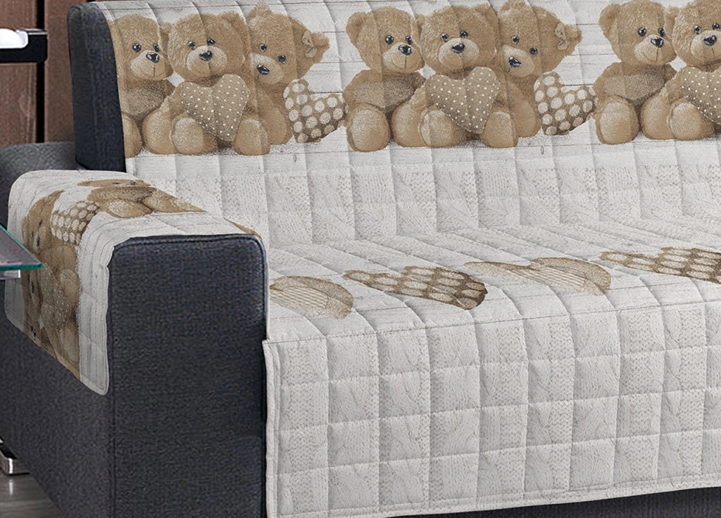 Copridivano-Copripoltrona Trapuntato Imbottito Disegno New Orsetti - 4 Posti - Beige
