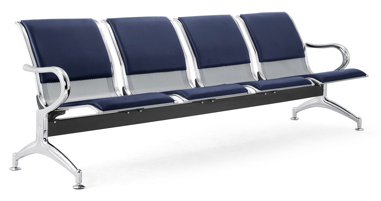 Panca per Sala Attesa 4 Posti da Ufficio con Cuscino in Acciaio e Similpelle Argento/Blu Navy