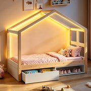 Letto per bambini 90 × 190 cm con cassetto contenitore, scarpiera e LED multicolore, senza materasso, legno naturale