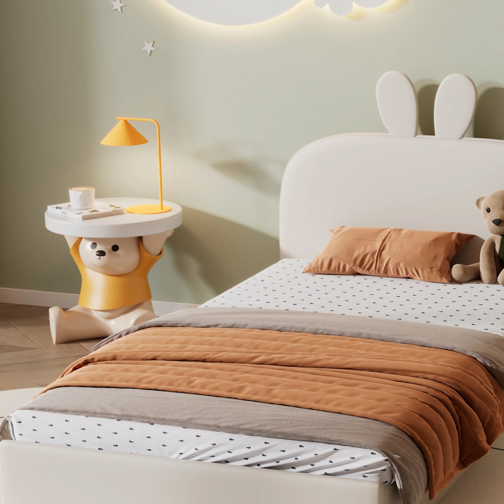 OKWISH Letto Bambini 90×200 cm, Letto Singolo con Testiera Coniglio, Doghe in Legno e Rivestimento, senza Materasso, Beige