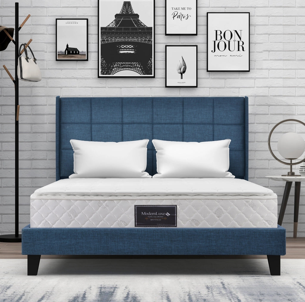 Letto matrimoniale imbottito ULEVR 140x200 cm con rete a doghe e materasso a molle, blu