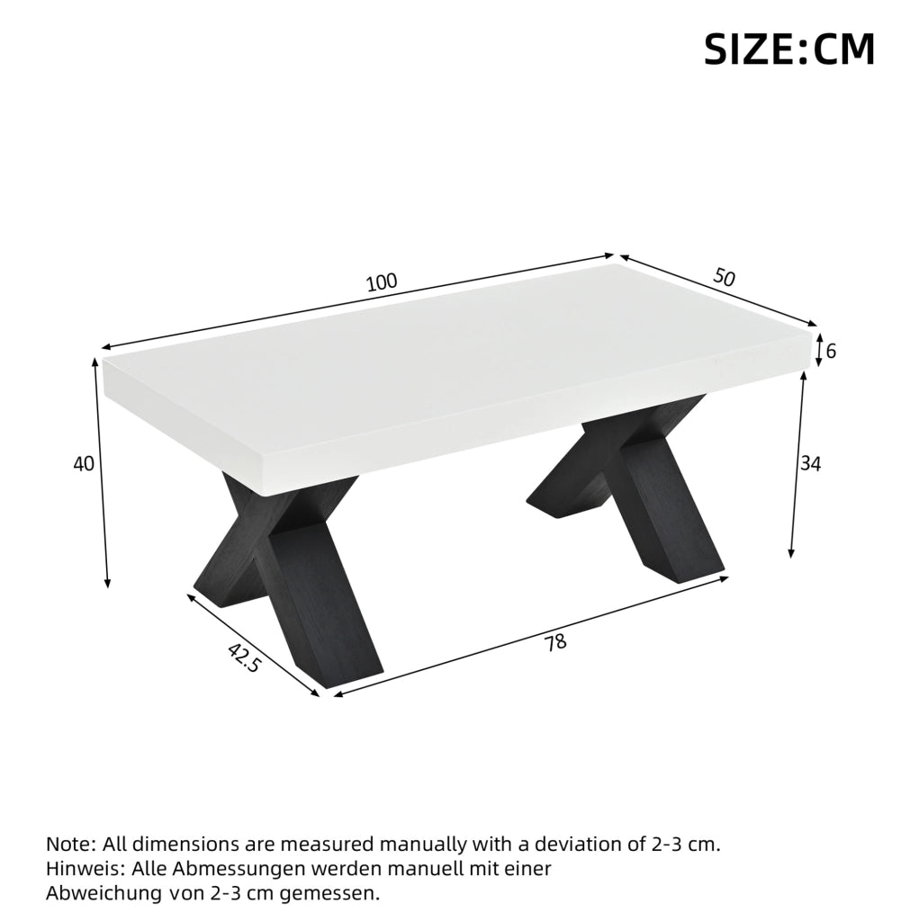 Tavolino da caffè 100x50x40 cm con piano lucido e gambe a X in MDF bianco e nero