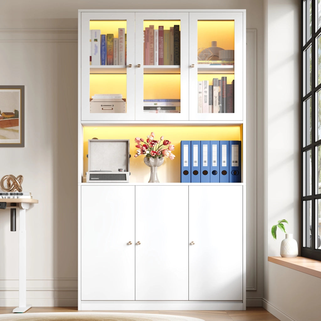 Libreria alta 100×35×200 cm con vetrina in vetro, LED multicolore, vani aperti e 3 ante, bianco