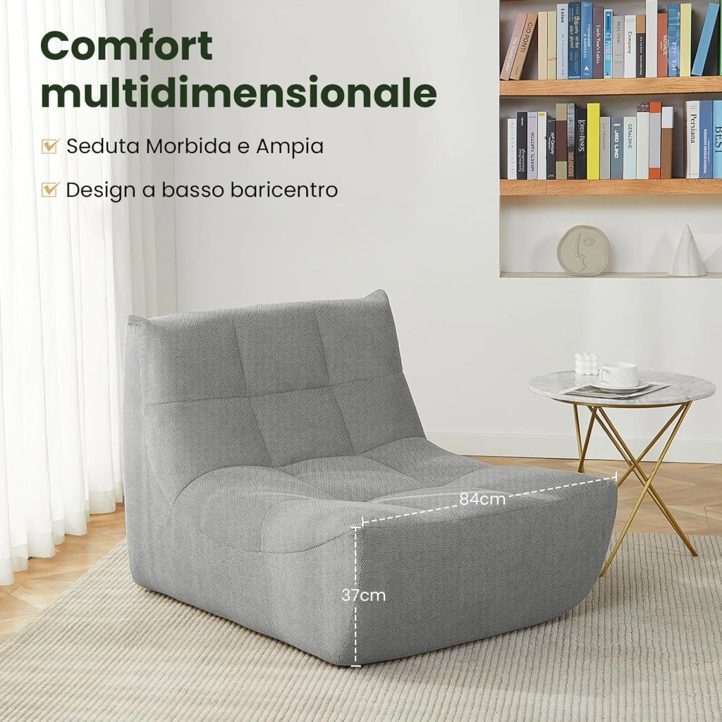 Poltrona Imbottita da Terra, Pouf Poltrona con Schienale, Sfoderabile, per Soggiorno, Camera da Letto, Balcone, 98x84x73 cm, in Spugna, Grigio, 0034XXY