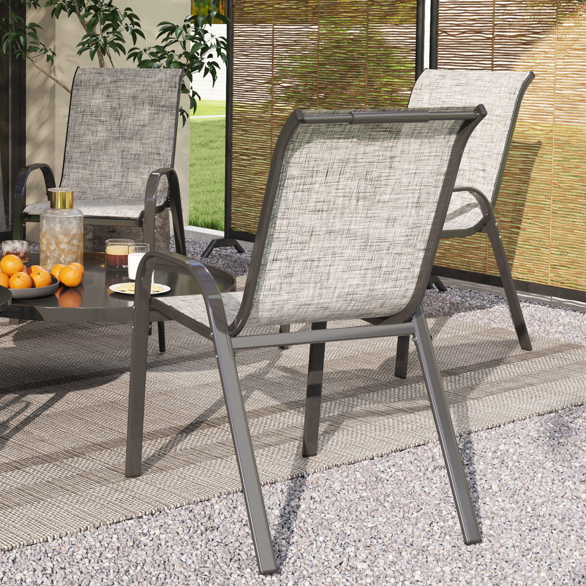 Set 4 Sedie da Giardino 54x71x93 cm Impilabili con Braccioli Curvi in Acciaio e Tessuto Traspirante Grigio